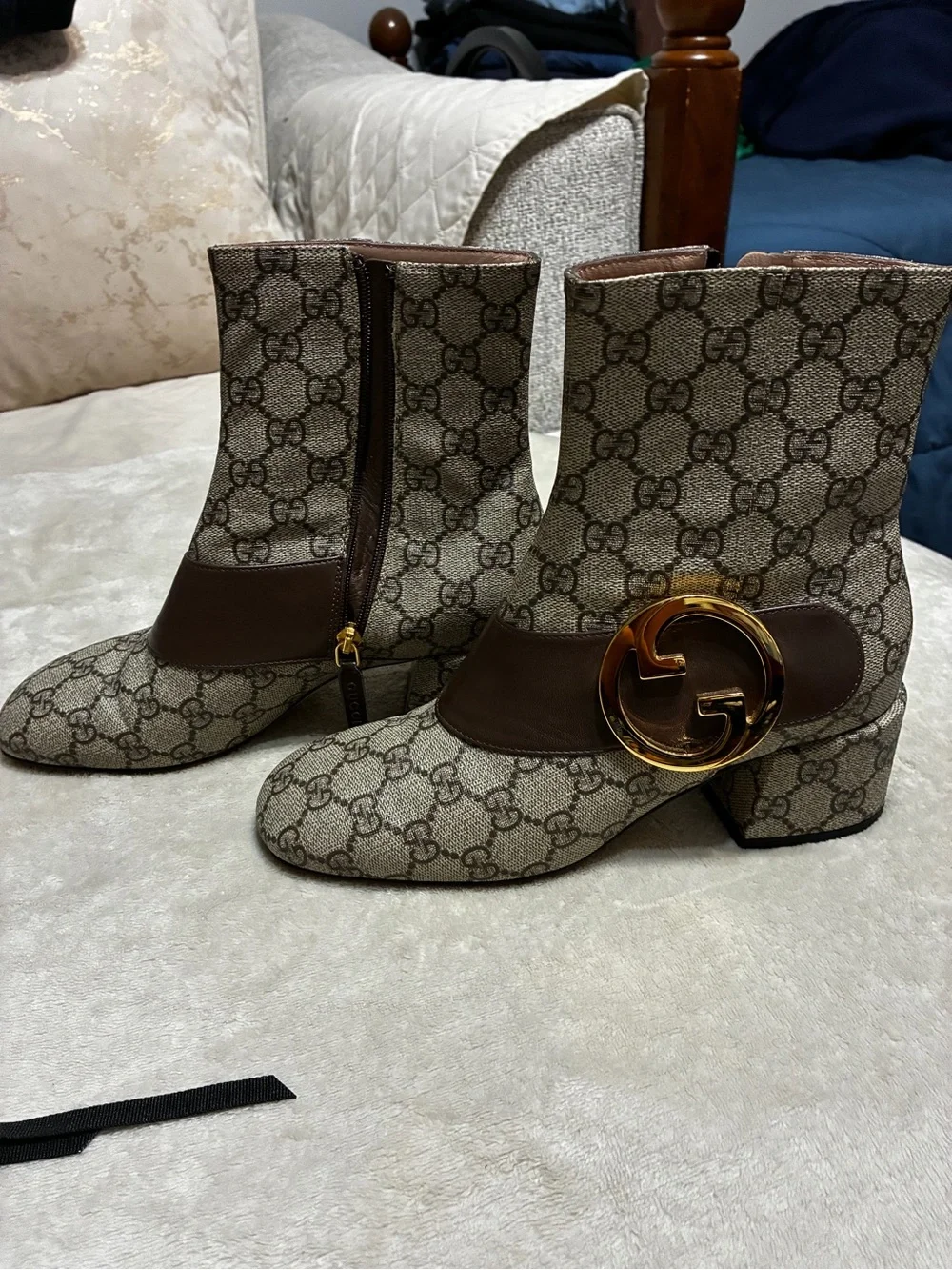 Gucci Beige Monogram Canvas Ankle Boots with Brown Leather Strap and Gold GG